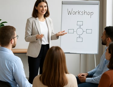 Team of healthcare professionals collaborating over training materials in a modern office.