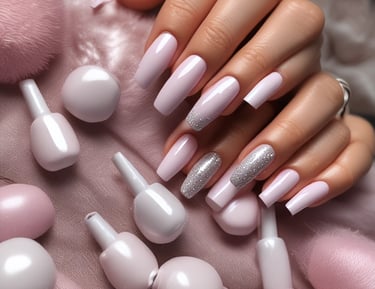 Light pink manicure with silver glitter accent nails on a soft pink fur background.