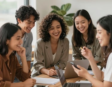 Entrepreneurs collaborating in a bright, modern workspace filled with ideas.
