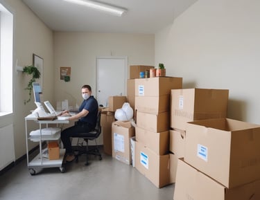 A delivery person handing over a package labeled 'Surgydental' to a dental clinic receptionist.