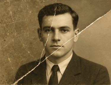 a man in a suit and tie with a broken glass