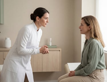 a woman in a white lab coat and a doctor