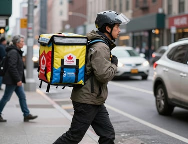 Professional delivery staff handing over meals to an office receptionist with a smile.