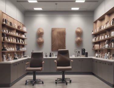 A smiling client admiring her new hair extensions in a well-lit studio mirror.