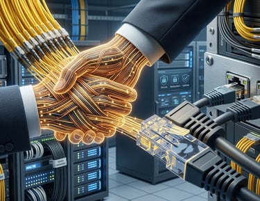 Digital handshake made of fiber optic cables in a data center representing AI network connectivity.