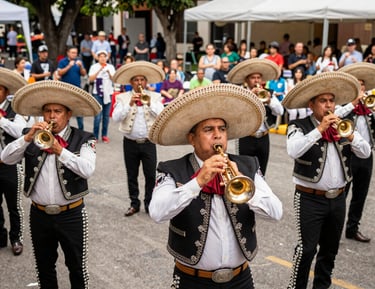 Close-up of traditional mariachi instruments ready for a lively performance.