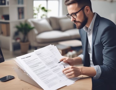 Close-up of hands analyzing a detailed government bidding document in a professional setting.