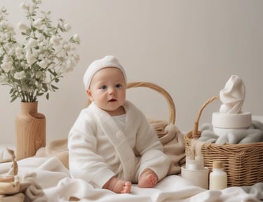 A mother tenderly holding her newborn, surrounded by softly lit, minimalistic decor.
