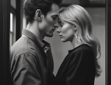 A couple in a warm, supportive therapy session in a cozy room.