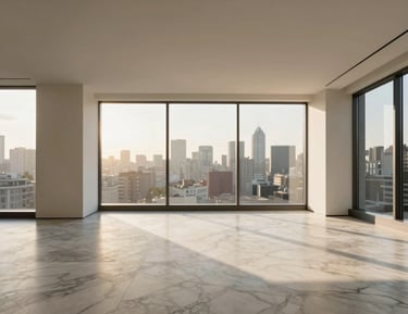 High-contrast interior architectural photograph of a minimalist urban penthouse living room, honed marble floors, large windows with city views blurred, emphasizing clean lines and quiet luxury.