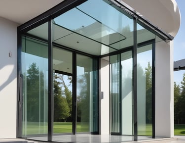 Sleek glass roof reflecting a deep blue sky with subtle gradient shadows.