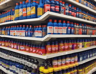 Brightly lit shelf stocked with various pure lubricant bottles ready for shipment.
