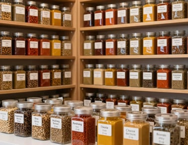 Stacks of neatly packed spice bags labeled for global shipment.