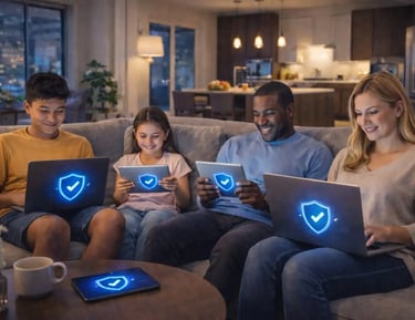 Family of four on couch using laptops and tablets each screen showing protection shield for safe home internet usage