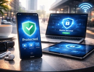 Smartphone with antivirus app, tablet and laptop on café table, AirPods and watch nearby, city street background.