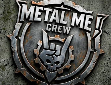 Metal Me Crew logo featuring a heavy metal skull and hand gesture on a rusty steel emblem.