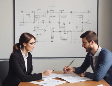 An executive coaching meeting in progress, showing engaged participants and notes.