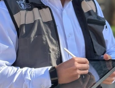 Hombre con chaleco de seguridad con reflejantes escribiendo