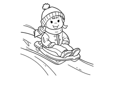 Preschool-friendly winter coloring page of a happy child sledding down a snowy hill.