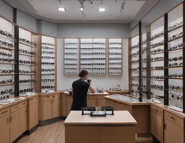 Display of stylish optical and sunglasses in a bright, elegant store.