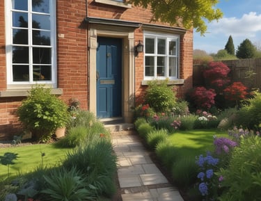 A freshly mowed lawn with vibrant flower beds in a neat garden.