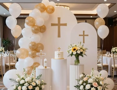 Refined corporate event setting with modern, clean lines and soft ivory lighting.