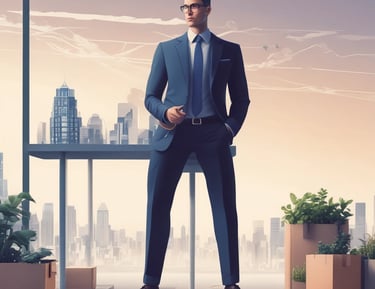 A confident business owner reviewing growth charts in a modern office.