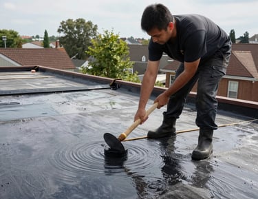A cozy residential home roof coated in silicone reflecting sunlight, surrounded by trees.