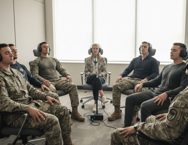 Military service members wearing headphones practice guided meditation for mental health and resilience.