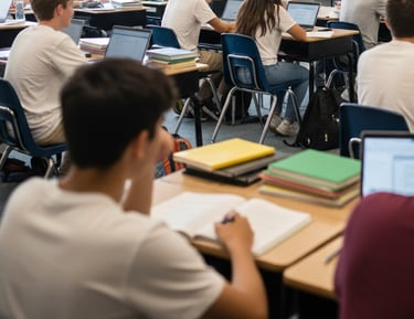 Students using laptops and notebooks at desks in a high school classroom setting.