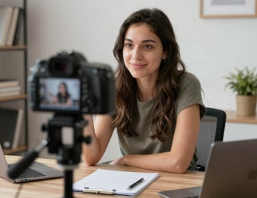 A cheerful British influencer sharing lifestyle moments in a cozy urban café.
