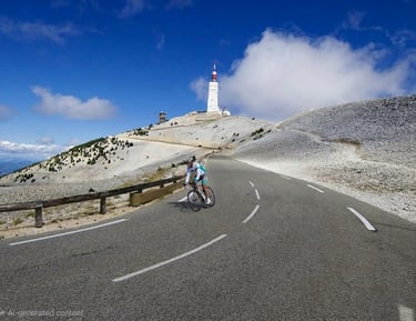 A cyclist climbing the steep, rocky mountain road toward the summit of Mont Ventoux in France.