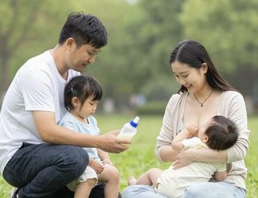 A mother lovingly feeding her baby with a spoon in a bright nursery.