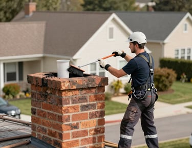 A professional inspecting a chimney flue with a flashlight.