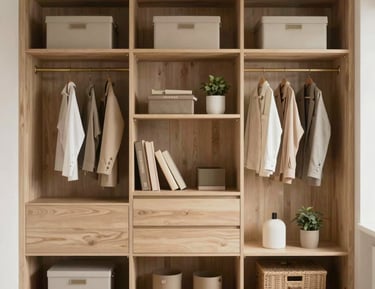 A cozy, well-organized bedroom with harmonious colors and clutter-free surfaces.
