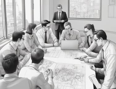 A team meeting around a table discussing timelines and budgets with documents.