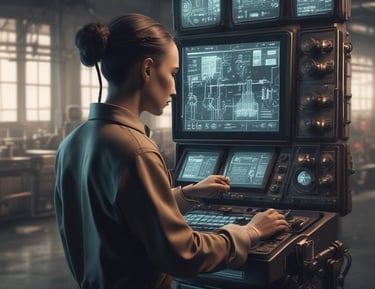 Industrial setting with sensors and data screens monitoring operations.