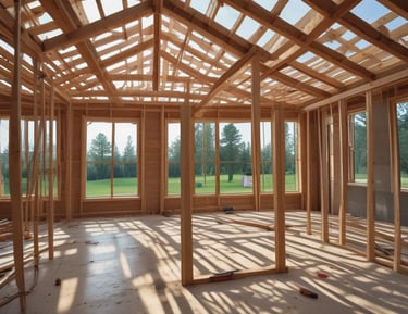 A construction site with workers framing a house.