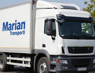 Delivery trucks on the road with European landmarks in the background, symbolizing cross-border service.