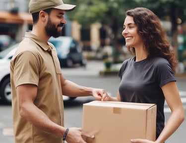 A delivery package being handed over to a happy customer at their home.
