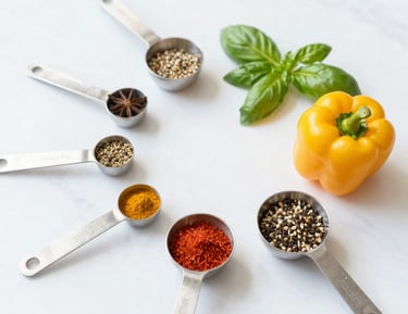 Bright high-key food photography, soft natural daylight, clean white marble background, a structured layout of fresh ingredients, measuring spoons with spices, crisp details.