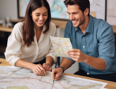 Travel agent showing a map to a client in the agency