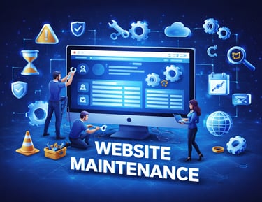 Professional website maintenance services illustration showing developers fixing a monitor with digital icons.