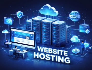 Digital cloud computing and website hosting servers with people working at computers and data icons.