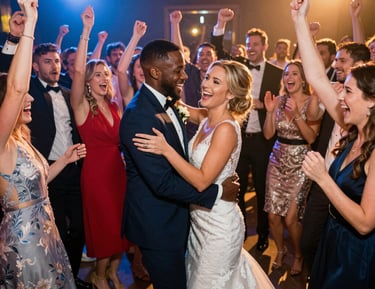 A happy couple listening to their custom wedding song on headphones, eyes closed, emotional.