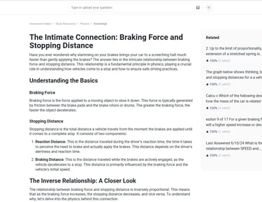 Gauth AI study resources interface showing physics knowledge article, braking force and stopping dis