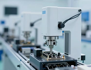 A close-up of a state-of-the-art automated SMT manufacturing line inside a clean, modern electronics facility. The lighting is bright and clinical, emphasizing precision engineering. The color palette features whites and metallic blues reflecting #3F72AF and #8DCBEF tones.