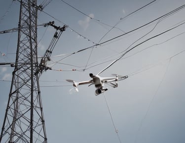 Drone flying over power lines spanning a forested valley.