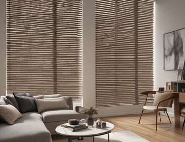 Soft dappled sunlight filtering through Korean combi blinds onto a light oak floor.