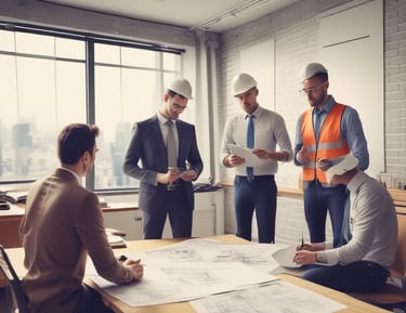 Construction workers collaborating on a building site.